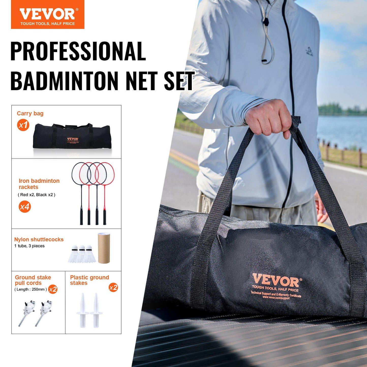 Badminton Net Set, Outdoor Backyard Beach Park Badminton Net, Portable Badminton Equipment Set, Adults Kids Badminton Net with Poles, Carrying Bag, 4 Iron Rackets, and 3 Nylon Shuttlecocks