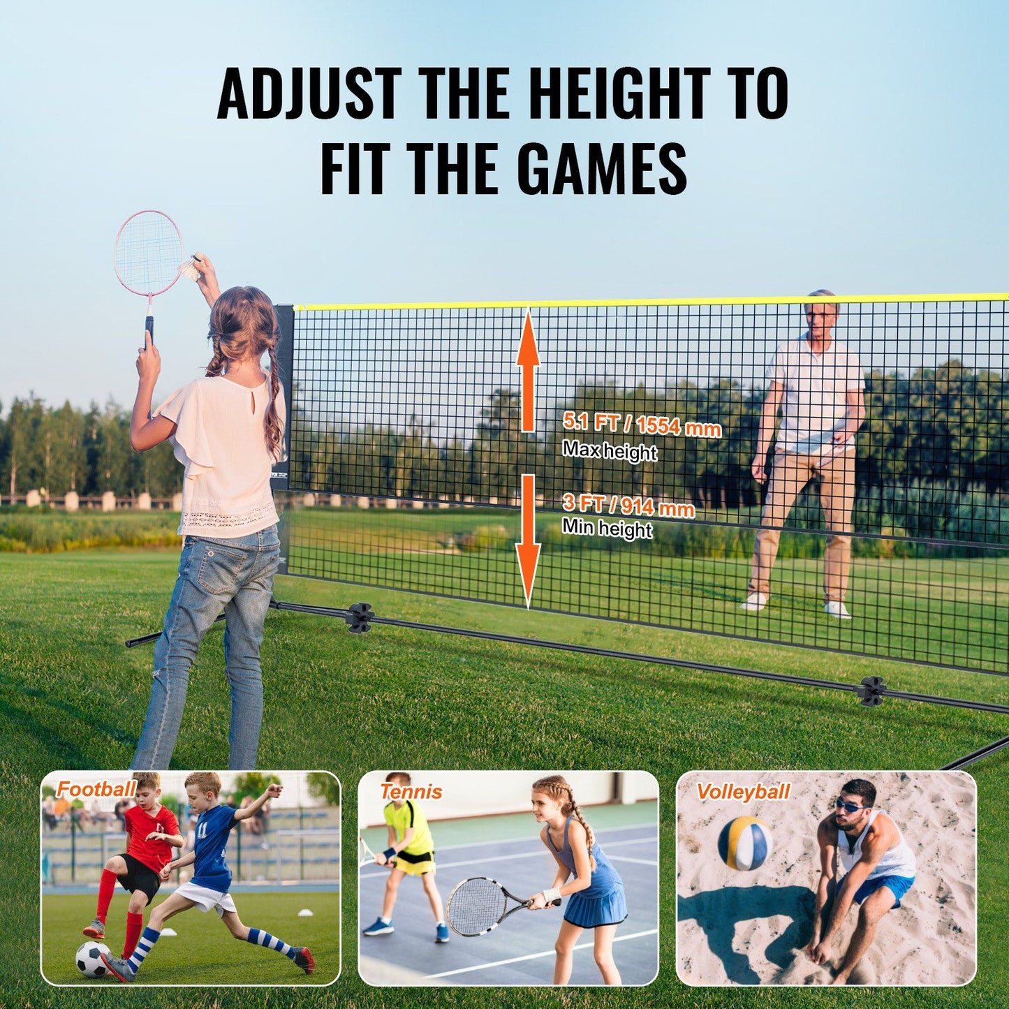 Badminton Net, Height Adjustable Volleyball Net, 17ft Wide Foldable Pickleball Net, Portable Easy Setup Tennis Net Set with Poles, Stand and Carry Bag, for Kids Backyard Game Indoor Outdoor Use