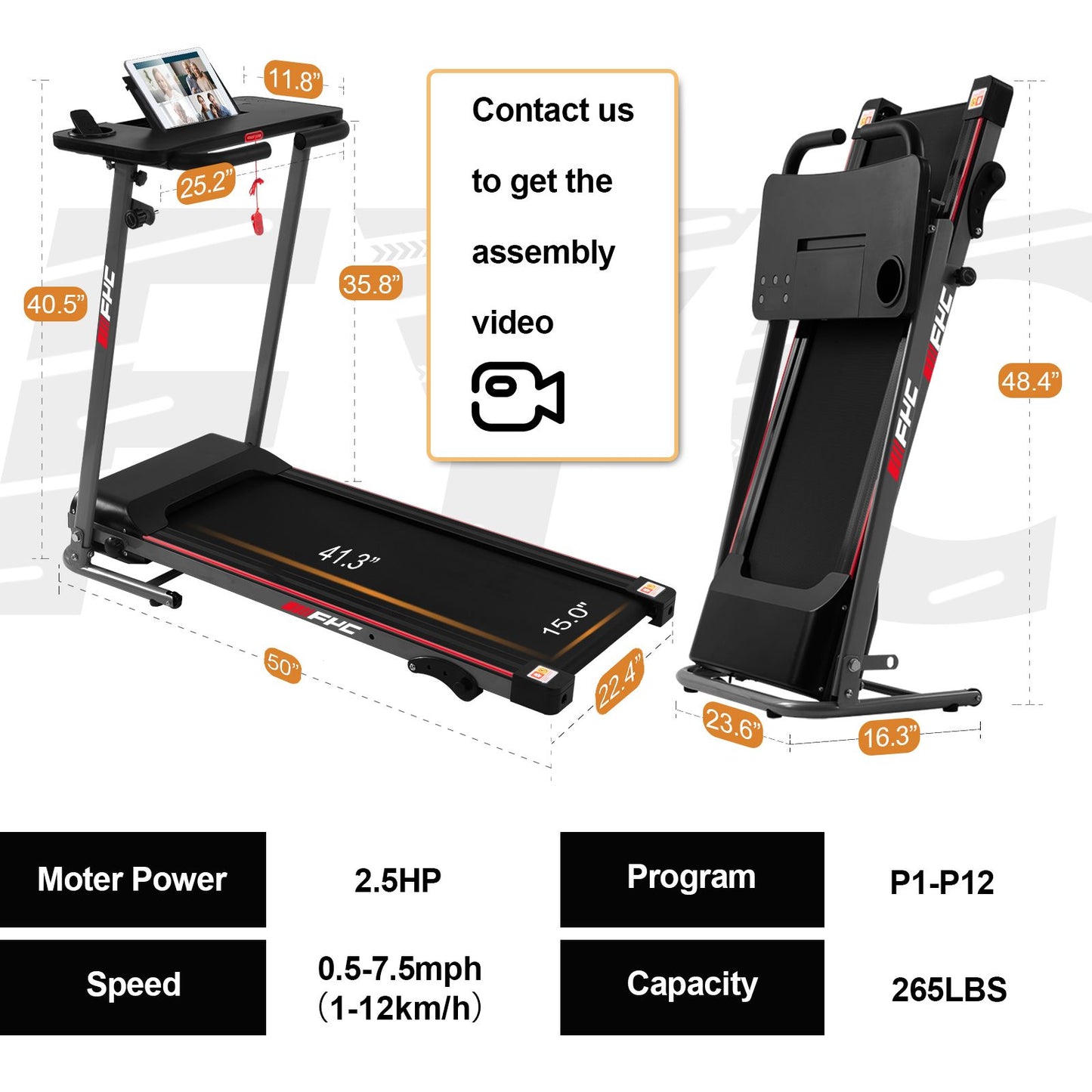 FYC Folding Treadmill for Home - Slim Compact Running Machine Portable Electric Treadmill Foldable Treadmill Workout Exercise for Small Apartment Home Gym Fitness Walking Jogging, No Installation