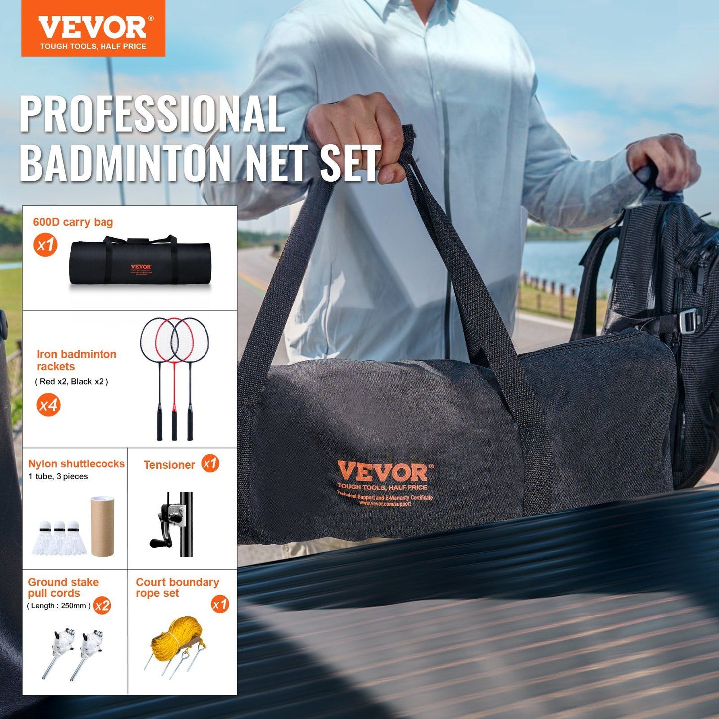 Badminton Net Set, Outdoor Backyard Beach Park Badminton Net, Portable Badminton Equipment Set, Adults Kids Badminton Net with Poles, Carrying Bag, 4 Iron Rackets, and 3 Nylon Shuttlecocks