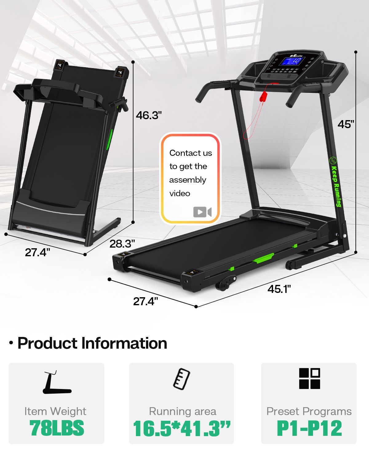 Treadmill, walking pad Treadmill, Treadmill for Home gym under desk Office, Portable Treadmill Under Desk office, 330LBS Weight Capacity Foldable Compact Treadmill with LED Display Easy Assembly Green