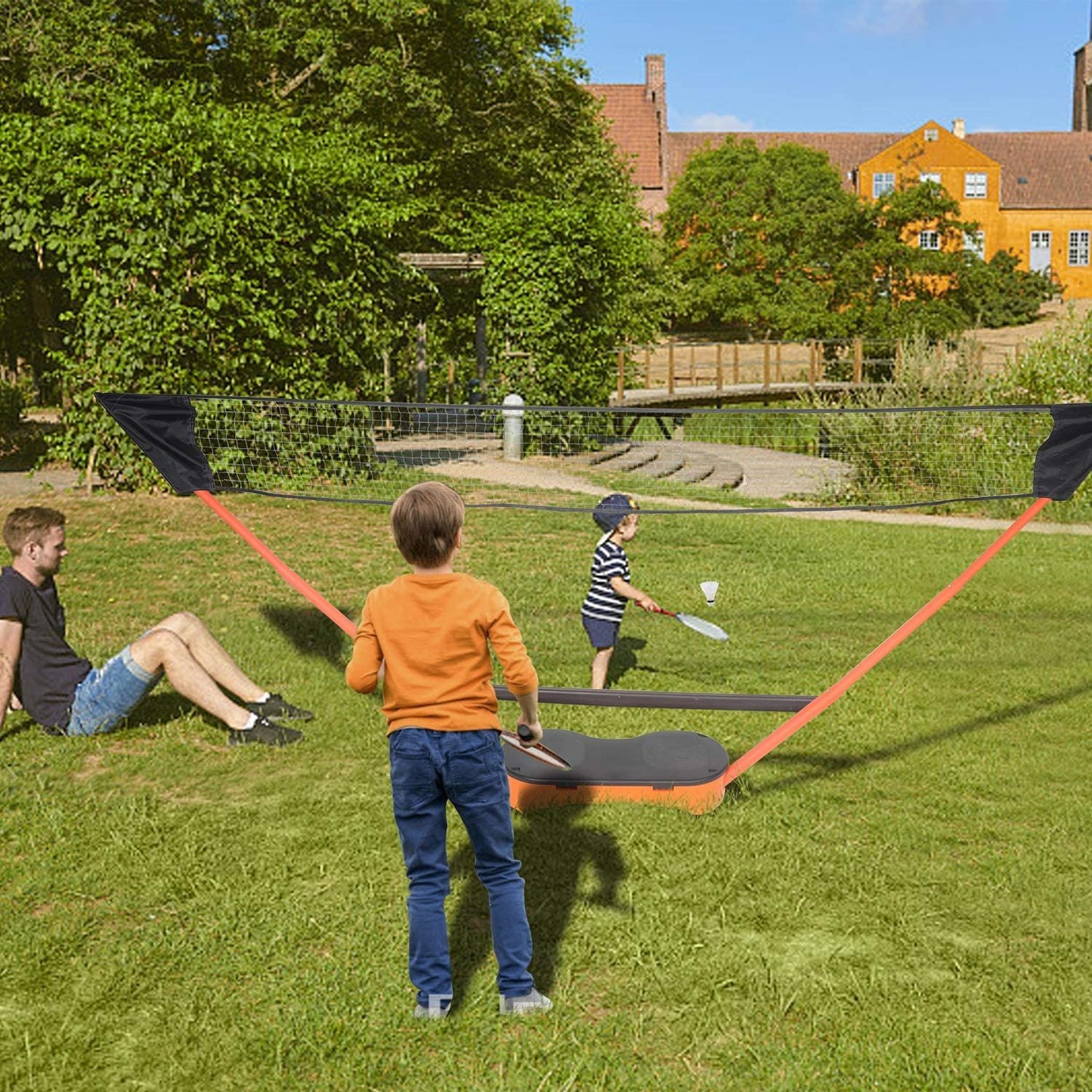 Bosonshop Portable Badminton Net Set Storage Box Base with 2 Battledores 2 Shuttlecocks Large, Orange