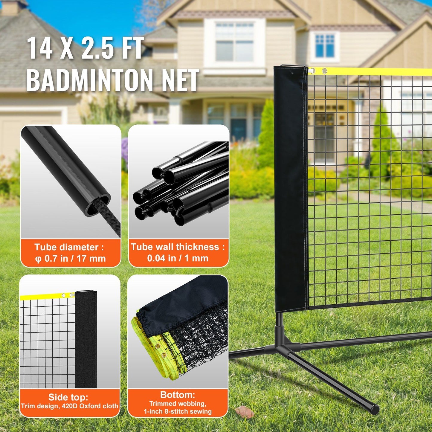 Badminton Net, Height Adjustable Volleyball Net, 14ft Wide Foldable Pickleball Net, Portable Easy Setup Tennis Net Set with Poles, Stand and Carry Bag, for Kids Backyard Game Indoor Outdoor Use