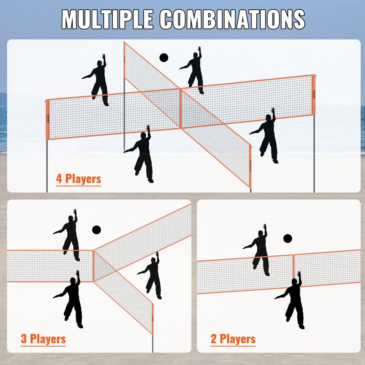 4-Way Volleyball Net, Adjustable Height Badminton Net Set for Backyard Beach Lawn, Outdoor Portable Volleyball Net with Carrying Bag, 4 Square Quick Assemble Game Set For Kids And Adults